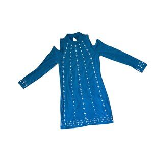 White House Black Market Teal Long-Sleeve Cold Shoulder Dress Rhinestones Size M